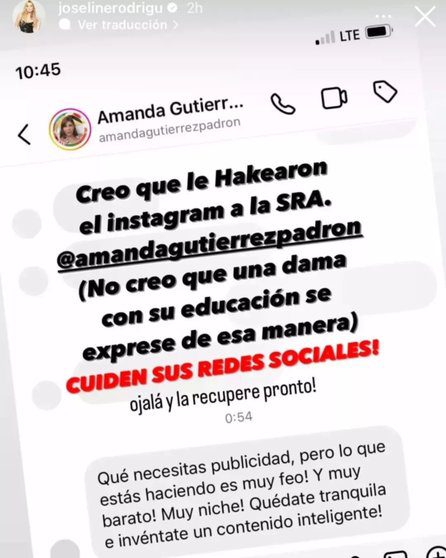 Mensaje de Amanda Gutiérrez a Joseline Rodríguez vía Instagram