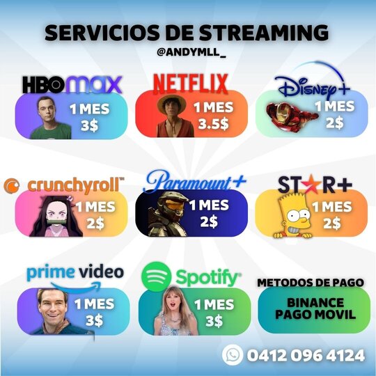 servicios de streming, cuentas hbo max, netflix, disney +, crunchyroll, paramount +, star +, prime video, spotify en Venezuela